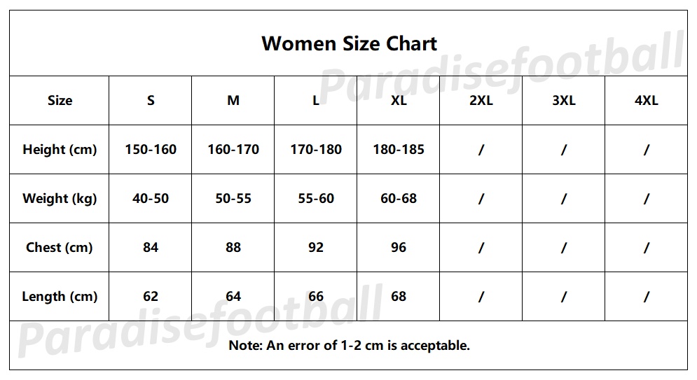 Women Soccer Jersey Size Chart